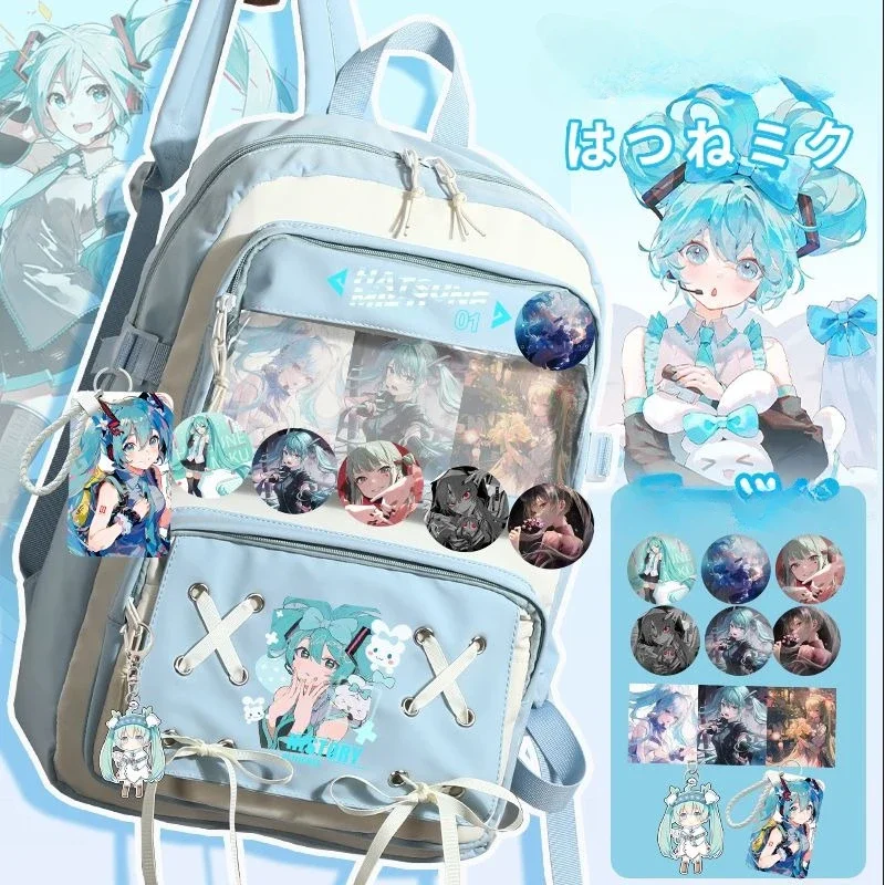 

Kawaii Hatsune Miku Backpack Anime Peripheral Cute Cartoon Schoolbag Large Capacity Canvas Multi-layer Storage Bag Itabag Badge