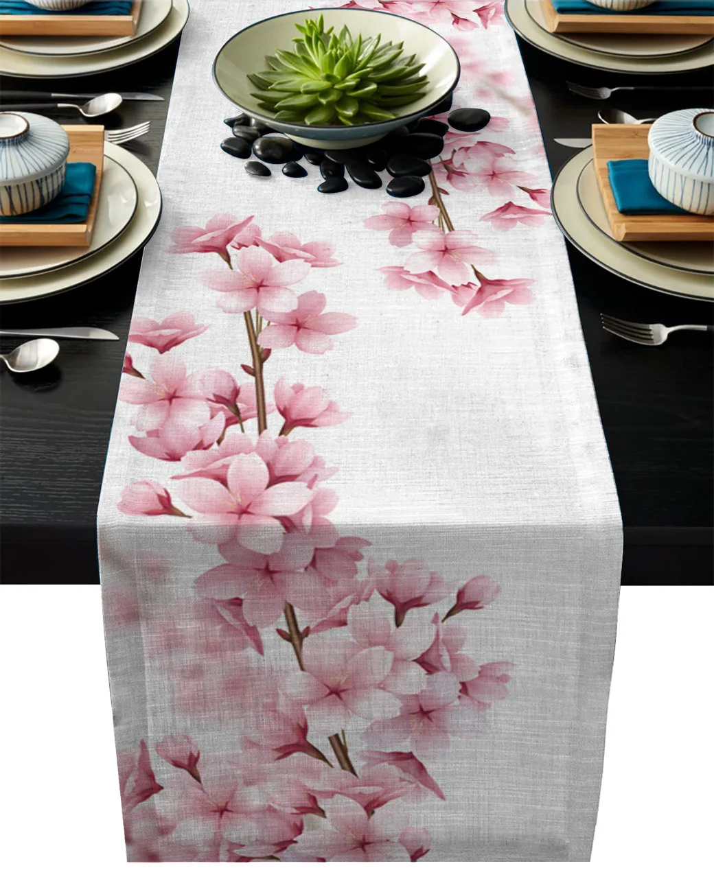 Linen Burlap Table Runner Dresser Scarves Pink Cherry Blossoms Kitchen