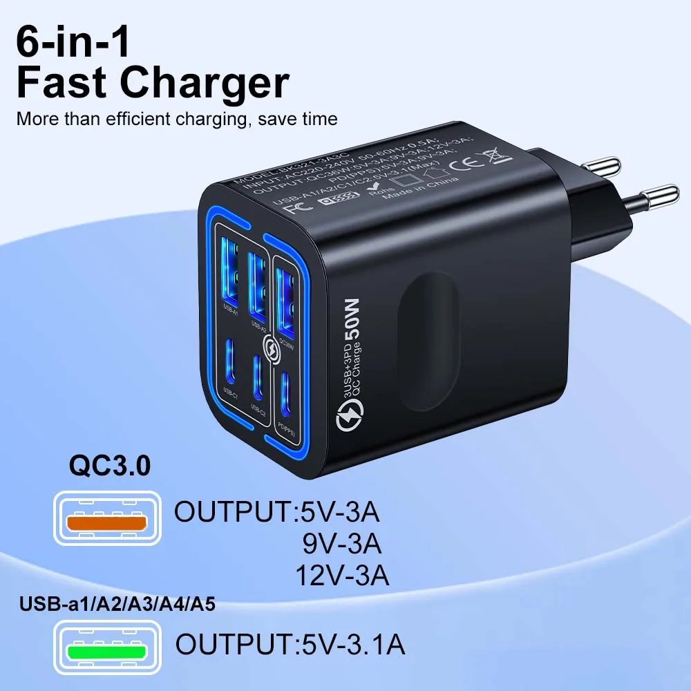 Total 100W 6 Ports USB Charger Fast Charging For iPhone 14 Samsung Xiaomi Mobile Phone Adapter EU US UK Plug