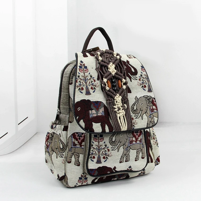 

New Retro Elephant Pattern Backpack Rope Woven Cotton Linen Women's Leisure Travel Zipper School Bag Women's Vacation