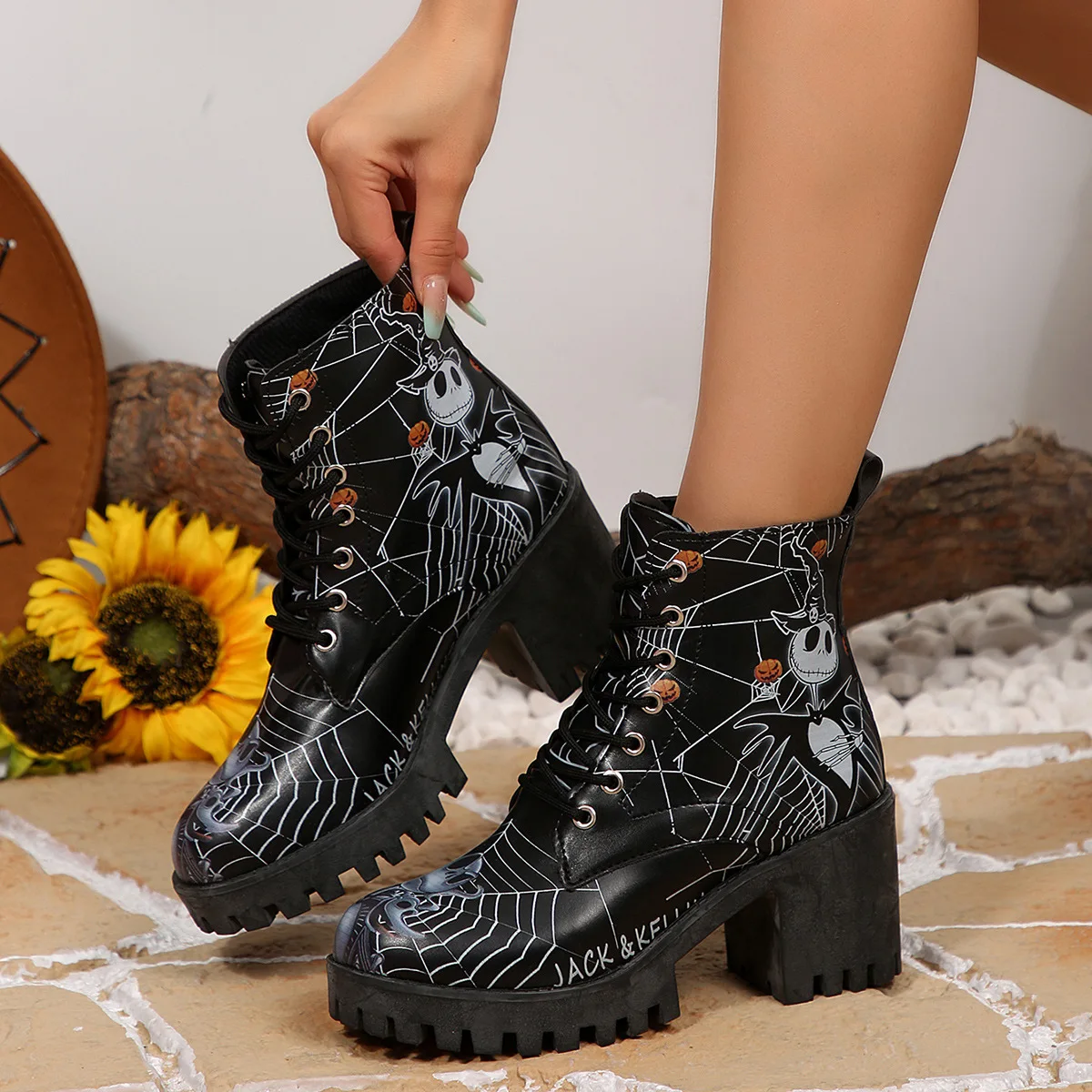 Halloween Platform Ankle Boots for Women Cartoon Skull Pumpkin Print Boots Woman Thick Bottom High Heel Lace Up Booties Ladies