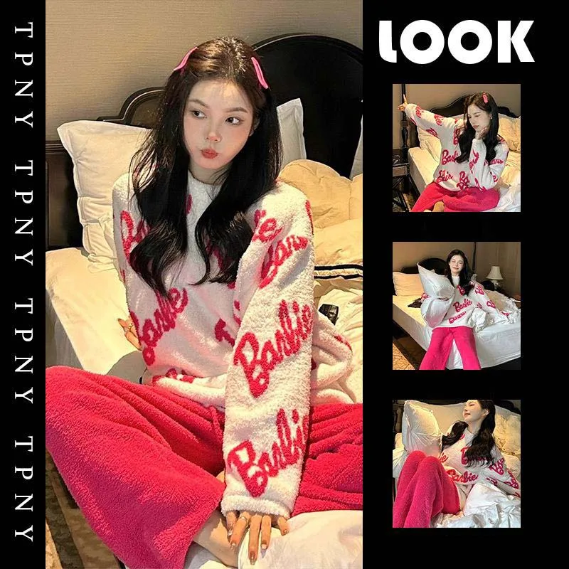 

Anime Cartoon Barbie Women's Knitted Plush Pajamas Y2K Autumn Winter New Style Plus Velvet Thickened High-End Letter Home Set