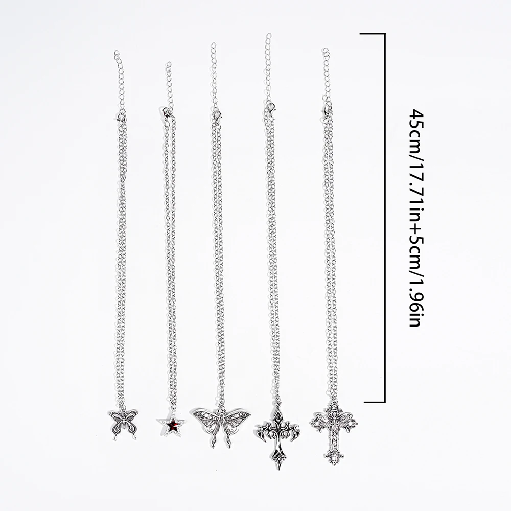 Y2K Gothic Silver Butterfly & Cross Pendant Necklace Set, Vintage Moth & Star with Red Crystal Necklaces, Punk Jewelry for Wo 6
