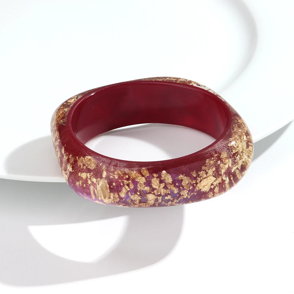 Elegant Gold Foil Irregular Square Wide Bangle - Trendy Resin Geometric Bracelet Statement Jewelry Gift