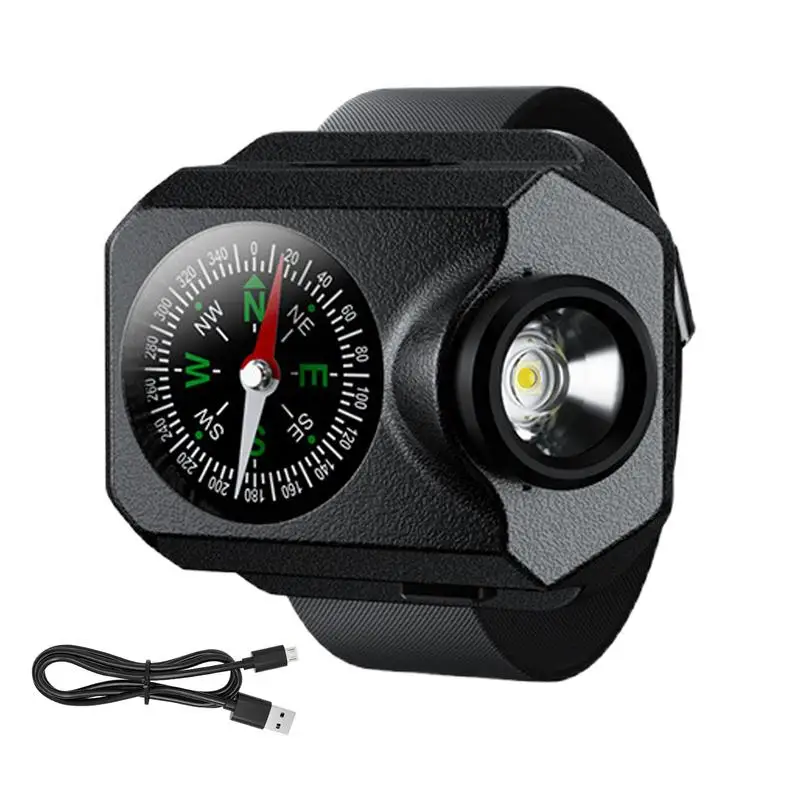 

LED Wrist Flashlight Hand Free Running Light With Compass Function Rechargeable Watch Flashlight 5-Level Dimming Waterproof