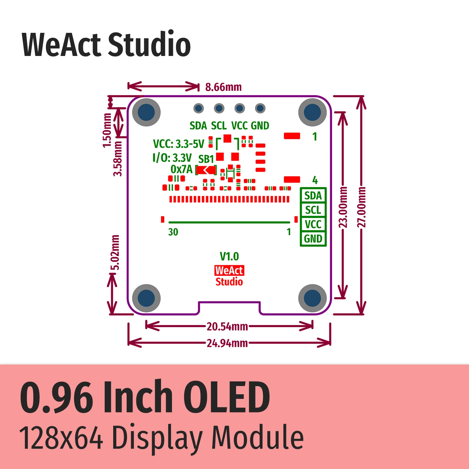 OLED IIC Display Module 0.96 Inch 128X64 I2C SSD1306 12864 LCD Screen Board WeAct Development Board