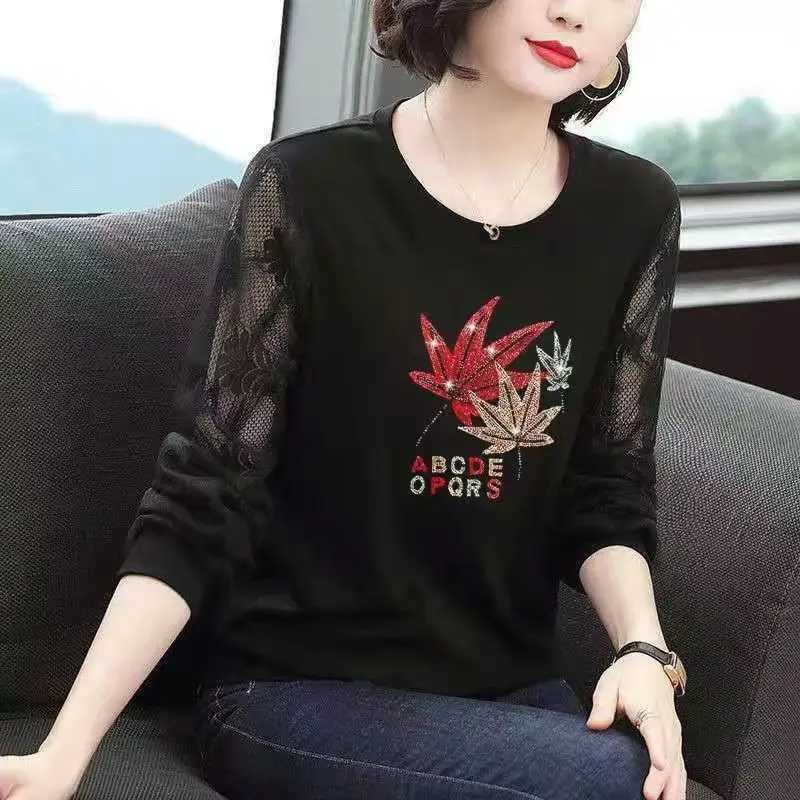 

Spring and Autumn Women's Pullover Solid Round Neck Lace Hot Diamond Fashion Elegant Long Sleeve Loose Bottom Casual Topss
