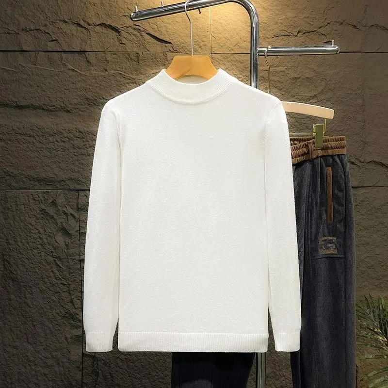 Autumn Winter Men's Clothing Solid Color Pullover Sweater Knitted Half High Collar Screw Thread Flocking Boyfriend Retro Tops 2