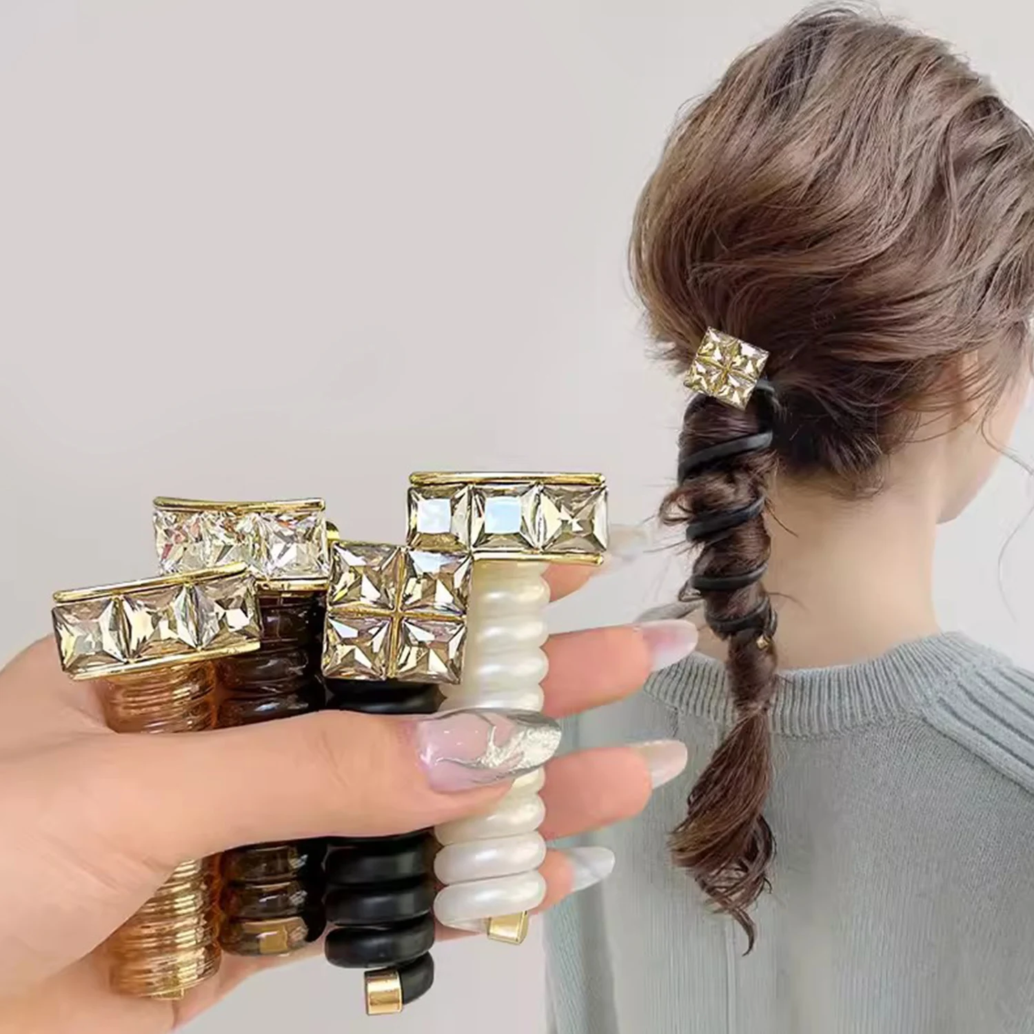 

Square Crystal Zircon Pendant Telephone Cord Scrunchies Hair Rope Women Girl Rubber Band Ponytail Holder Spiral Braided Wire Tie
