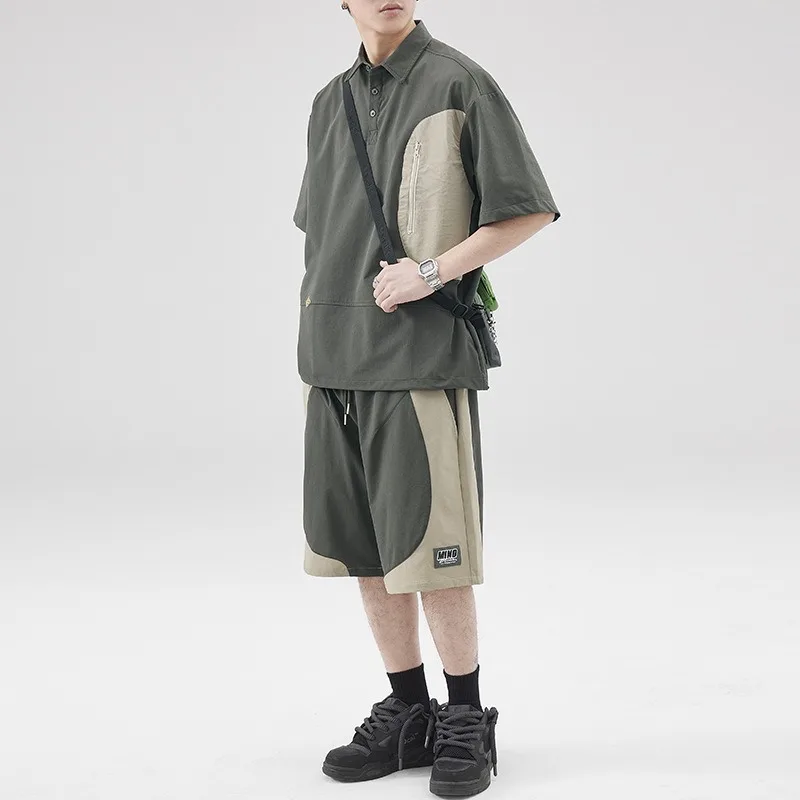 Japanese Style Workwear Sets Youth Man Short Sleeve Tees Summer Polo Shirts Shorts Boy Quality Breathable Casual Outdoor Clothes