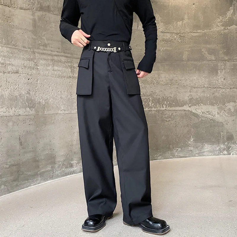 

SYUHGFA Men's Cargo Pants Waisted Chain Casual Pants Solid Color Fashion Baggy Casual Pants Trend Male Straight Leg Overalls
