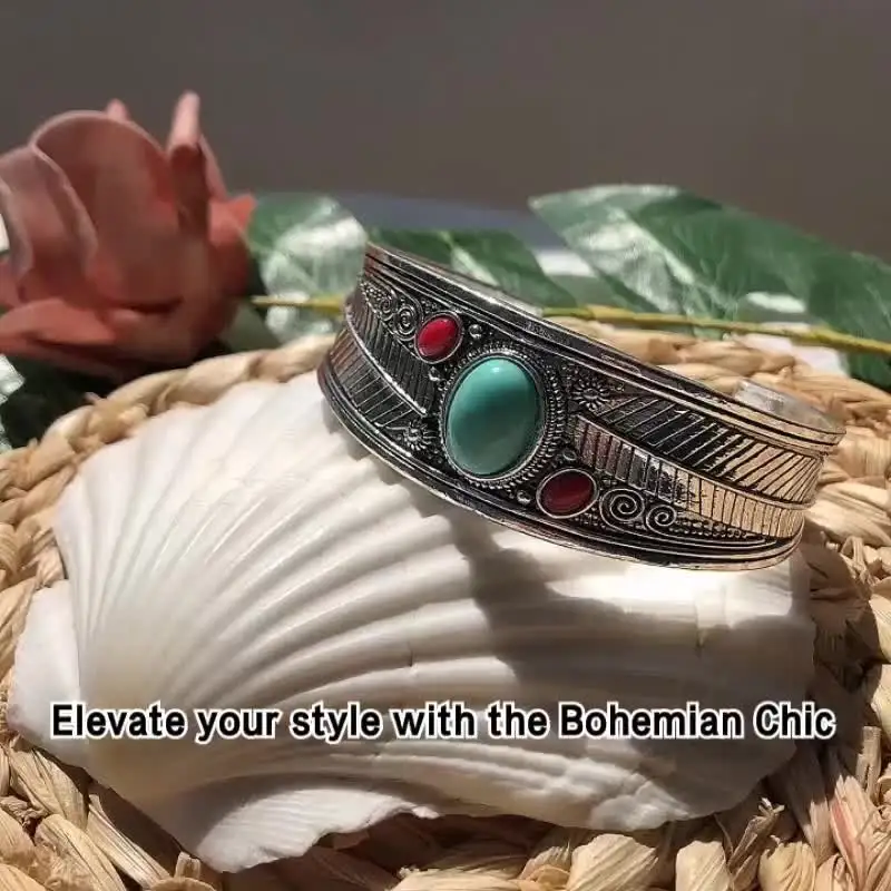 Bohemian Chic Turquoise Open Cuff Bracelet with Filigree
