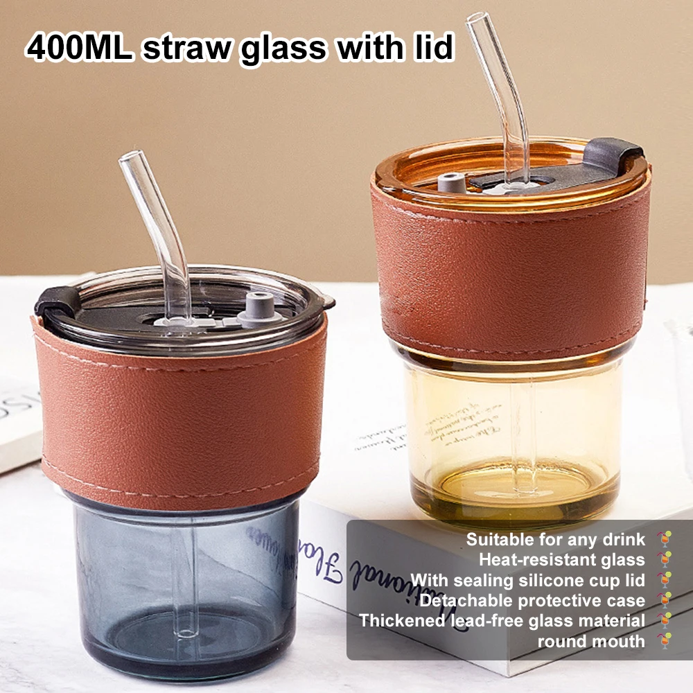 400mL Glass Cup Heat Resistant Glass Straw With Cover Coffee Cup Leak Proof Cup Tea Cup Leather Cup Set Tableware Mug