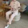 Summer Chinese Style Linen Tang Suit Men Shorts Tai Chi Uniform Retro V-neck Short Sleeve Print Shirt Pants 2 Piece Set 5