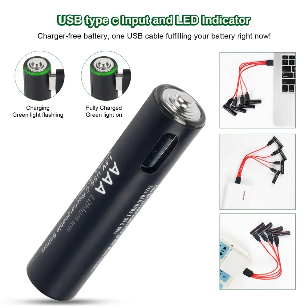 Rechargeable Lithium Batteries USB Li-ion AAA 1.5V 600mWh with 4-in-1 USB Cable for Toys Camera Flashlight