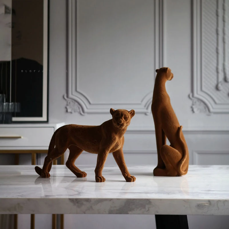 Home Decor Flocking Leopard Statue Room Decor Resin Statues And