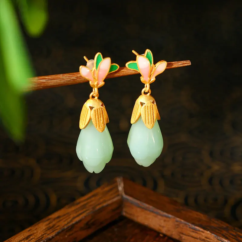 

New Chinese style vacation style enamel 925 silver magnolia earrings for women
