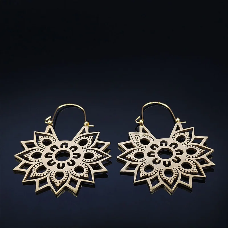 Trendy Yoga Lotus Flower Earrings Stainless Steel Gold Color Hoop Earrings for Women Jewelry boucles d'oreilles E9360S01 - Image 3