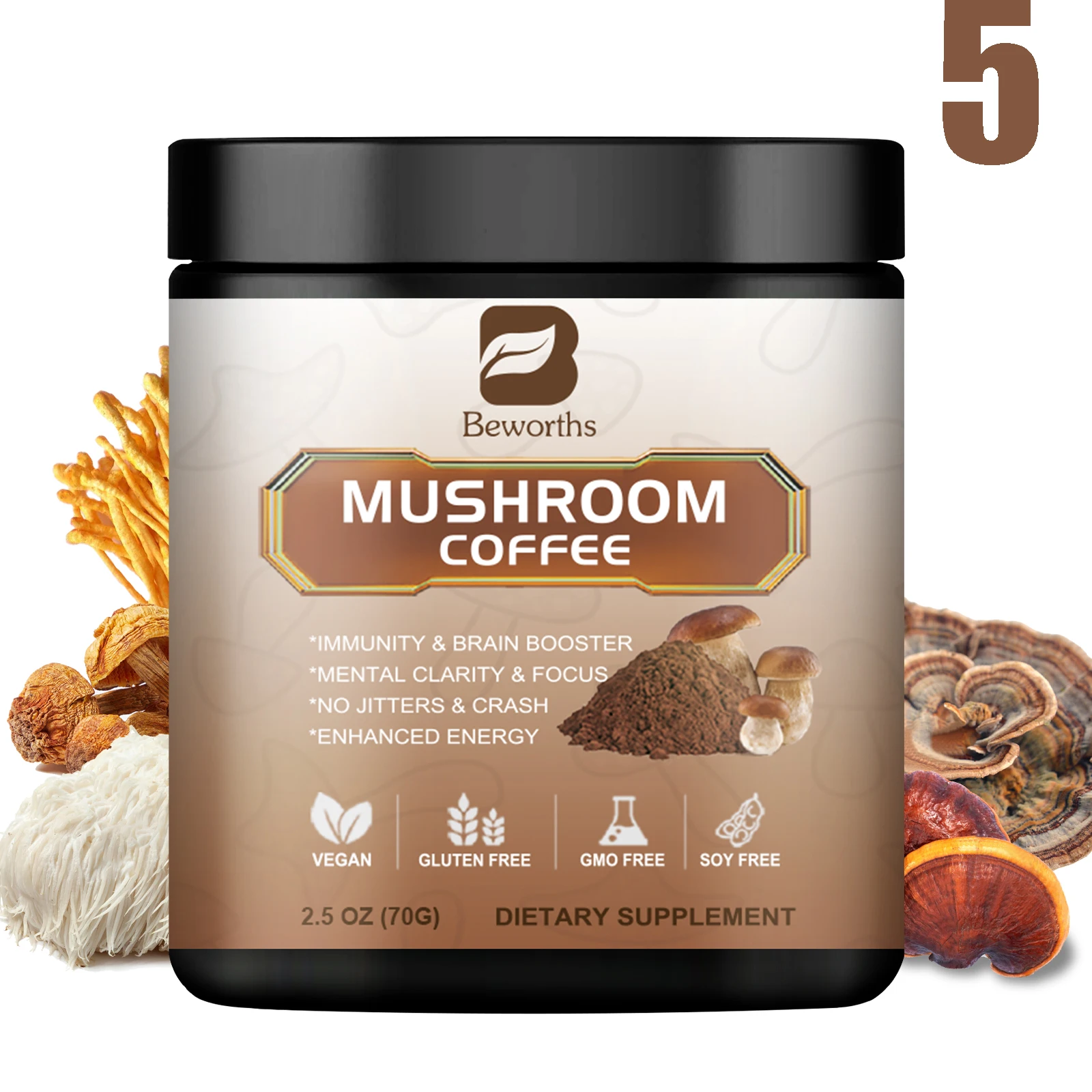 thumbnail image 1 of Café de hongos 10 en 1 BWEORTHS Mezcla de hongos reishi y melena de león que refuerzan la inmunidad y la concentración Mejoran la salud y la memoria 70 g SIN OGM, 1 of 5