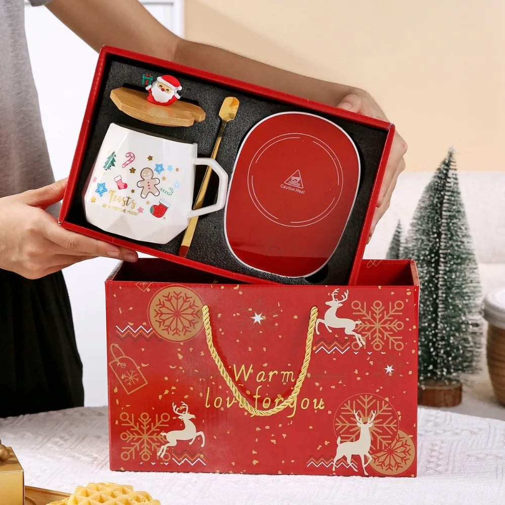 Ceramic Mug Christmas Gift Set Warm 55℃ Ceramic Mug with Lid featuring Santa Claus for Office or Home Use