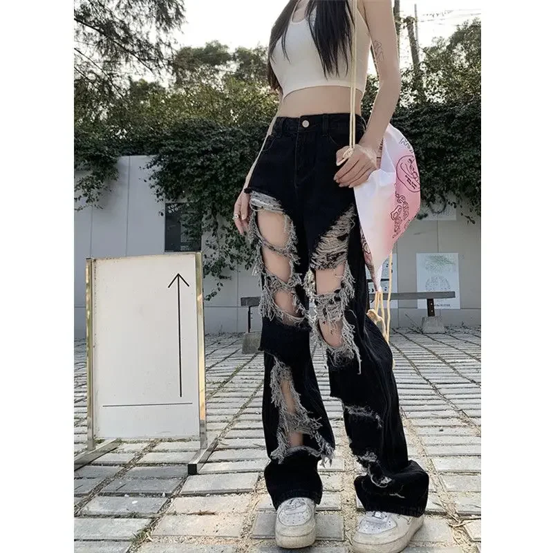 

Y2k Washed Mopping Pants Broken Hole Jeans All-Match Distressed Women High Street Hip Hop High Waist Straight Loose Trousers