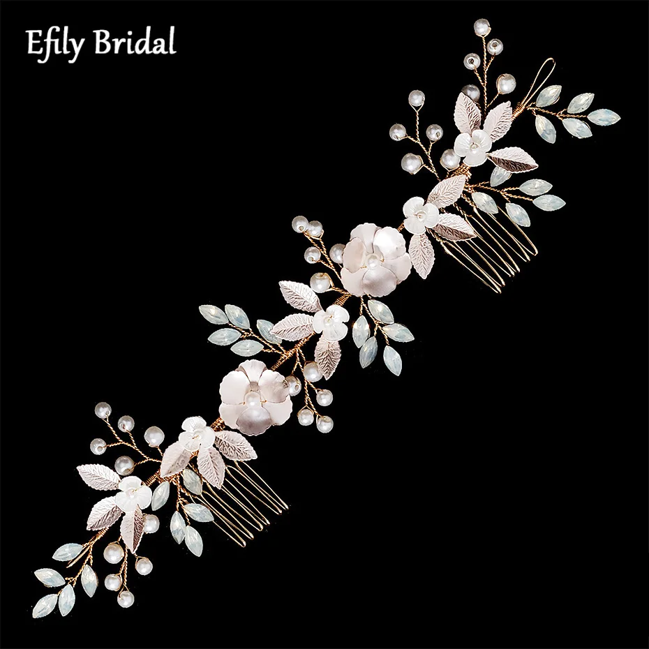 

Efily Pearl Rhinestone Headband Pink Wedding Hair Accessories Bridal Hairband Flower Leaf Hair Vine for Bride Bridesmaid Gift