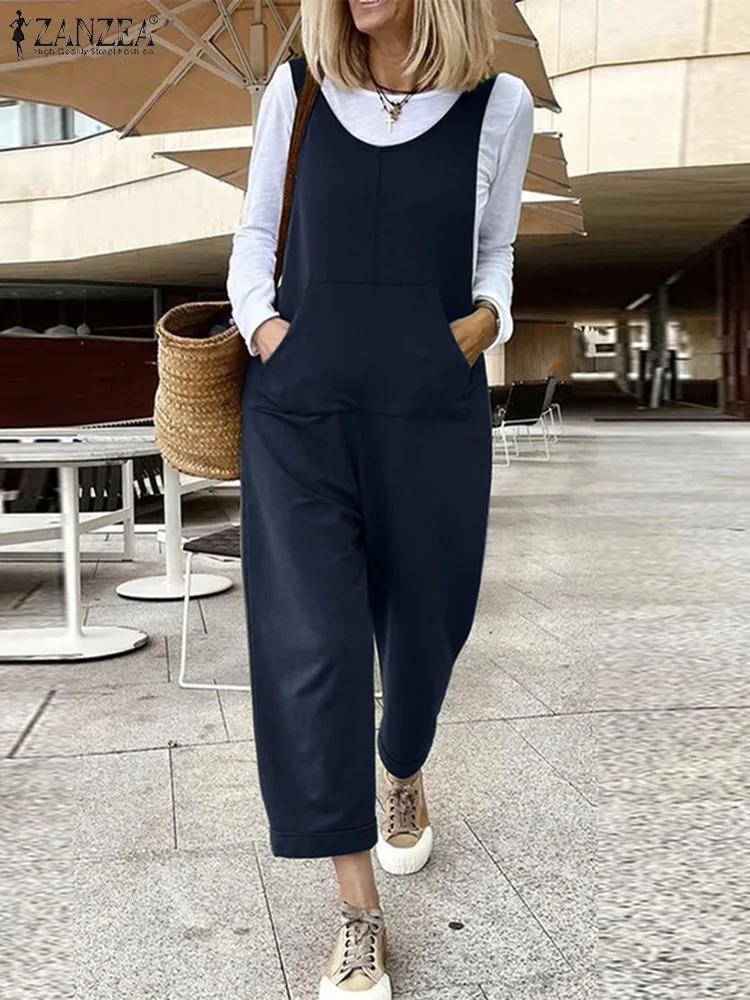 

ZANZEA Women 2023 Summer Long Romper Scoop Neck Casual Jumpsuit Fashion Pocket Overalls Oversized Streetwear Sleeveless Playsuit