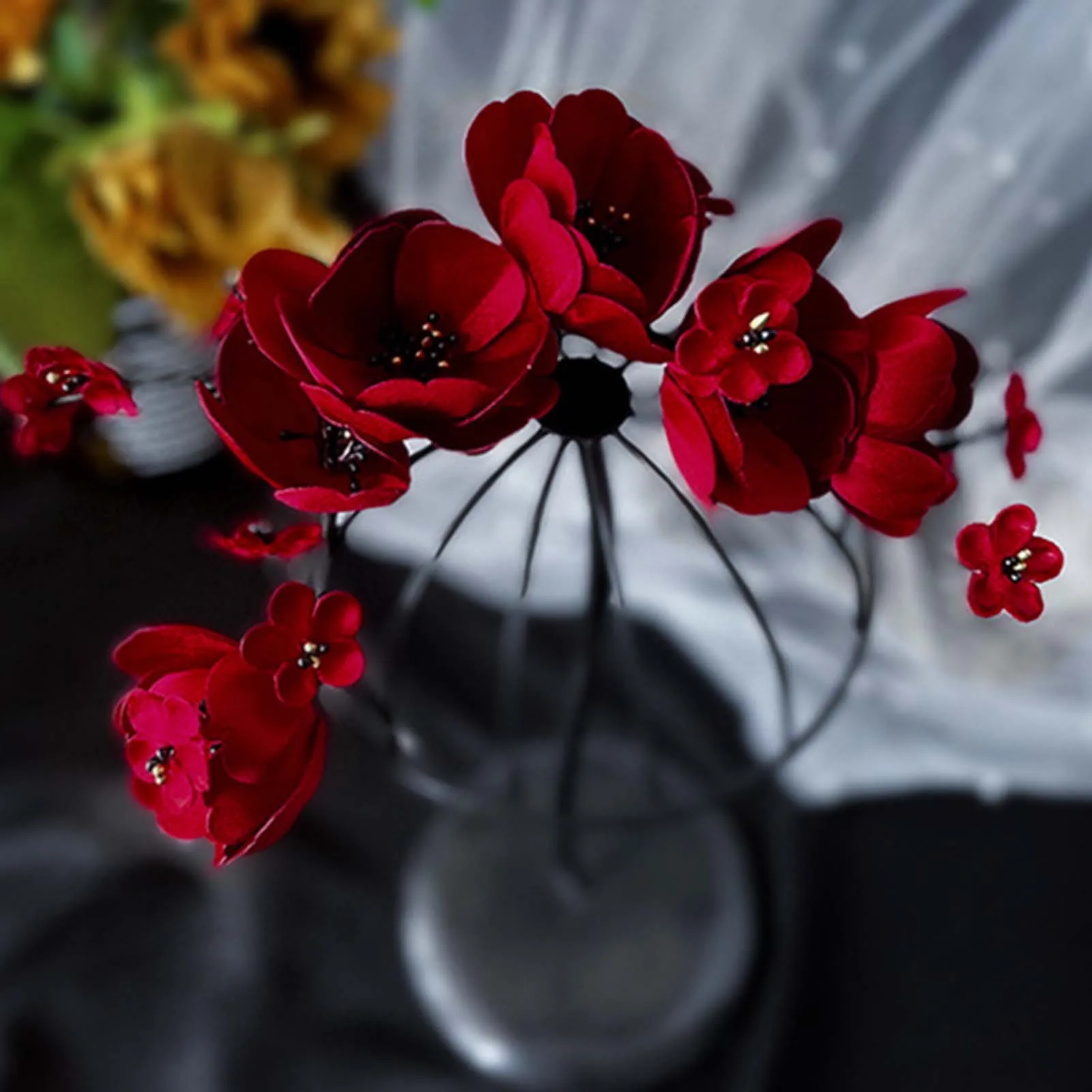 Rote Blume Haarband Hochzeit Haarschmuck Elegante Braut Tiaras Kopfschmuck Mode Ehe Kranz mit Ohrring Fee Stirnband – Detail 7