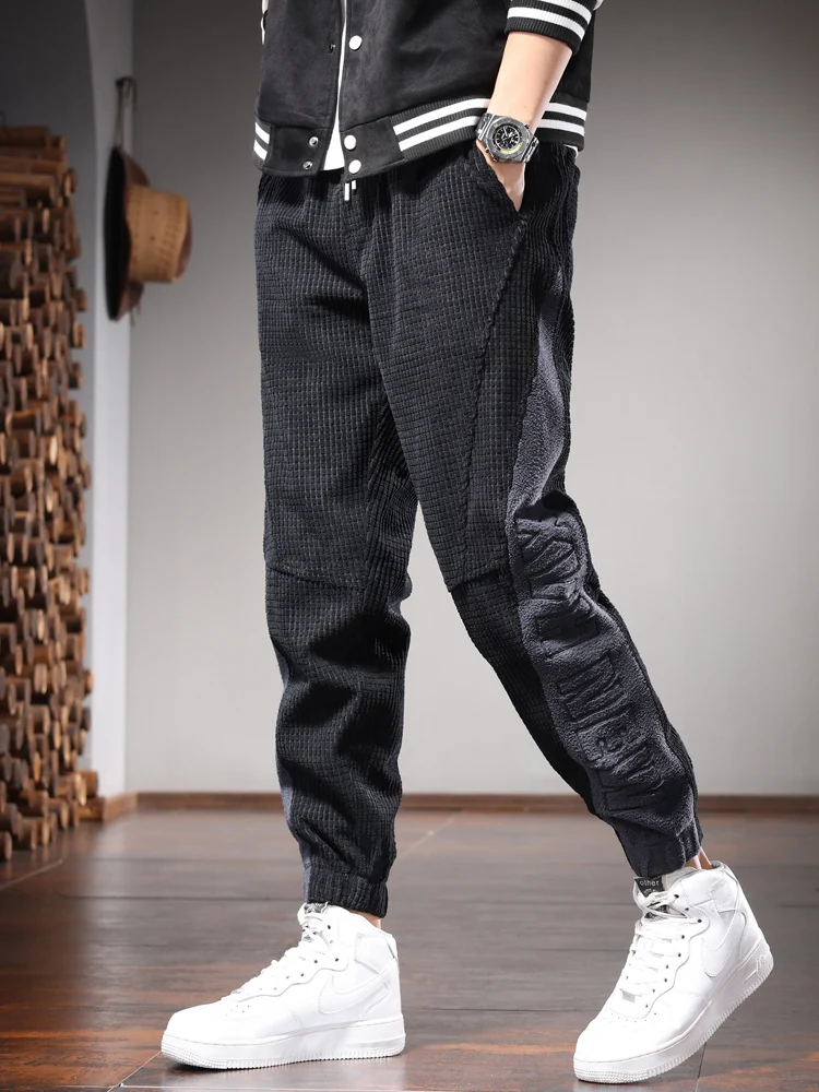 Autumn Corduroy Pants Men Casual Black Loose Harem Pants Fashion Side Stripe Sweatpants Elastic Waist Drawstring Jogger Trousers