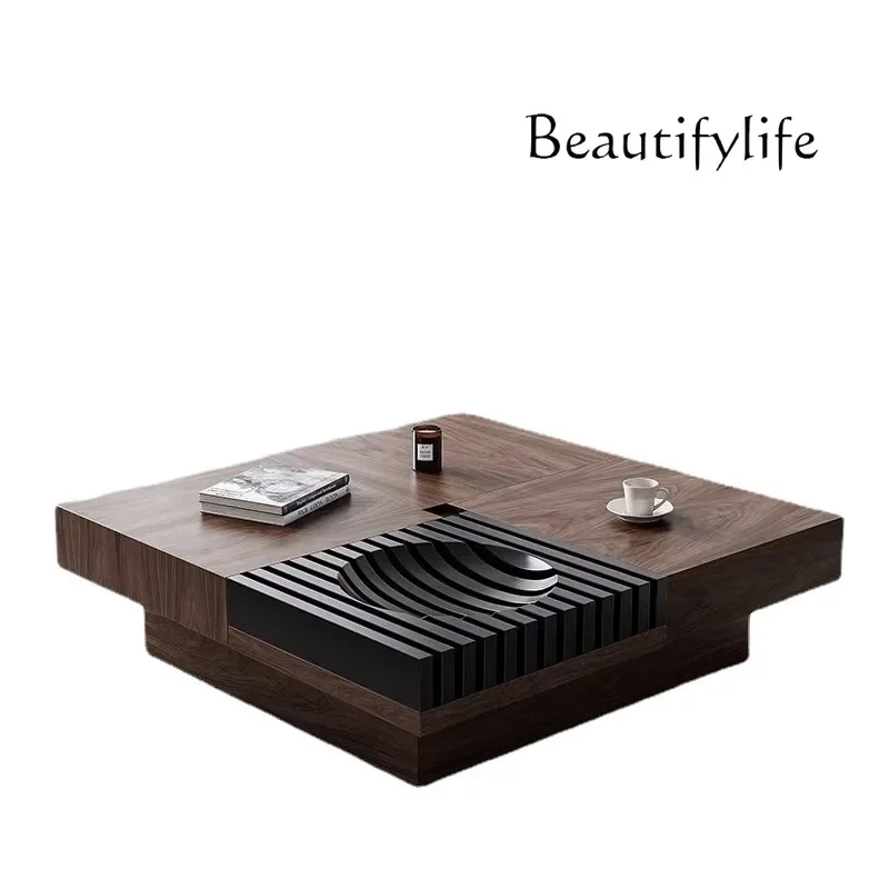 

Italian Nordic Black Walnut Color Tea Table Storage Square Solid Wood Tea Table Simple Living Room