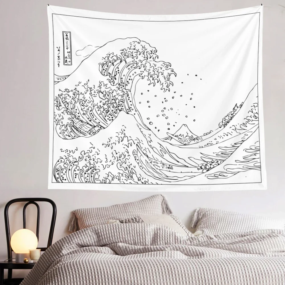 Retro Japanese Kanagawa Wave Black and White Wall Hanging Tapestry Japanese Tapestries Surfing Wall Hanging Vintage Art tapestry