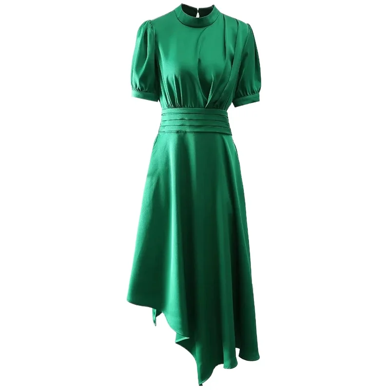 

Doris Fanny Fashion Designer Summer Women's Stand Collar Short Sleeve Asymmetrical Green Big Swing Elegant Holiday Party Dresses