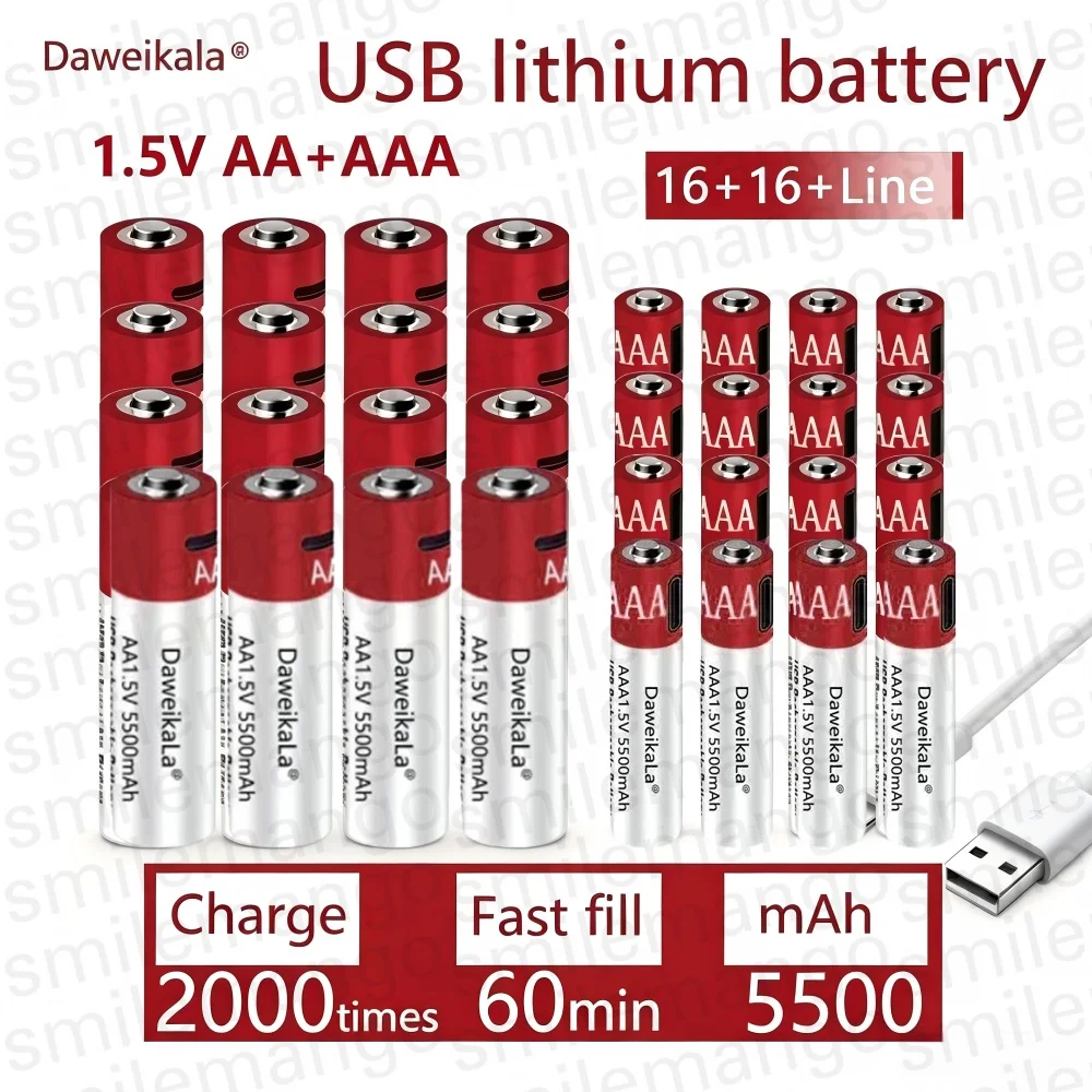 New 1.5V AA + AAA USB fast charging Rechargeable Battery Large Capacity 5500mah Li-Ion Battery For Toy Remote Control Mouse LED 1