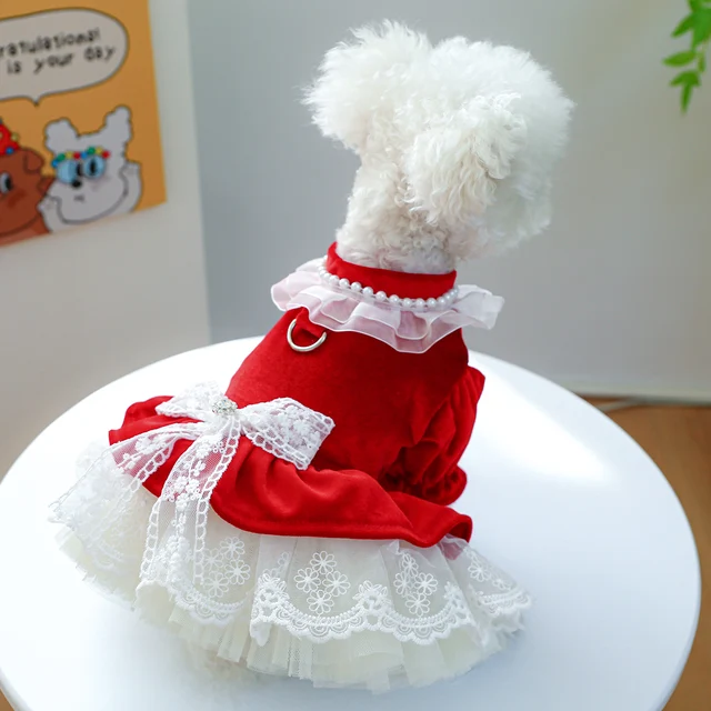 1PC Pet Apparel Dog Spring and Autumn Velvet Wedding Dress Red Princess Dress with Drawstring Buckle For Small Medium Dogs 4