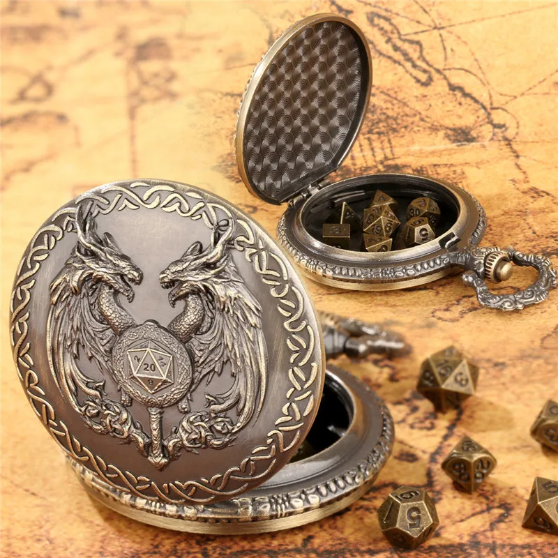 Vintage D20 Staff Doppelköpfiger Drache Taschenuhrengehäuse FOB Kette 7 Stück Metall Polyedrische Mini Würfel Tischplatte RPG Würfel Zubehör