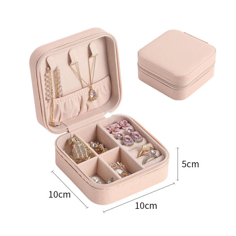 Compact Leather Travel Jewelry Organizer Box with Zipper Closure