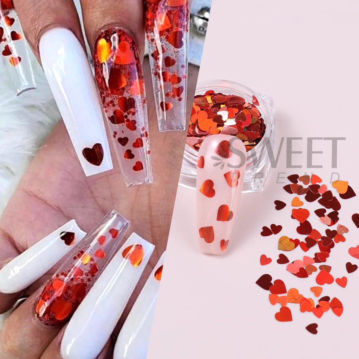 6pcs Valentine's Love Heart Nail Glitter Flakes Holographic Mirror Mixed Size Heart Jewelry Sequins Sweet Slices Manicure Decor