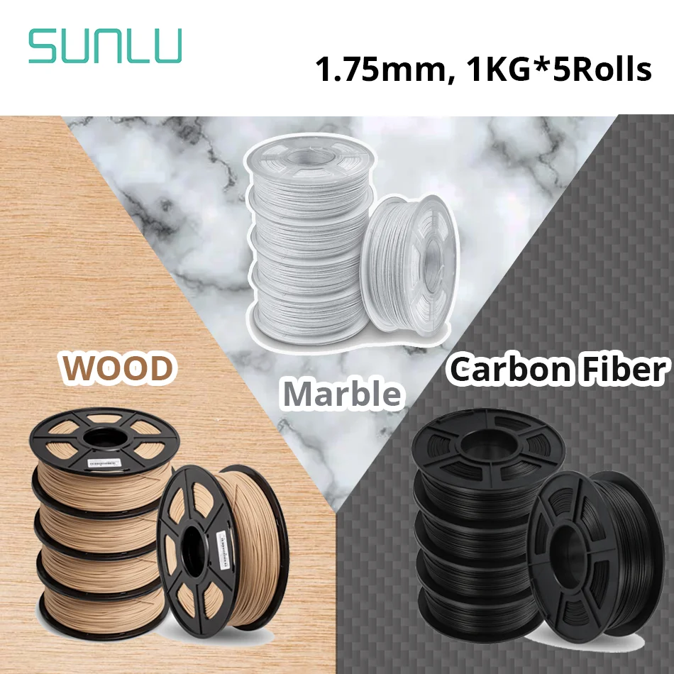 SUNLU 5KG Marble 3D Filament WOOD Refills 1.75MM Carbon Fiber Material Neatly Arranged No Bubble Eco-Friendly Odorless