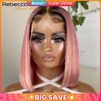 Short Cut Colored Pink Bob T Part Lace Wigs Human Hair Wigs 180D Transparent Ombre Pink Brazilian Straight Lace Front Wigs