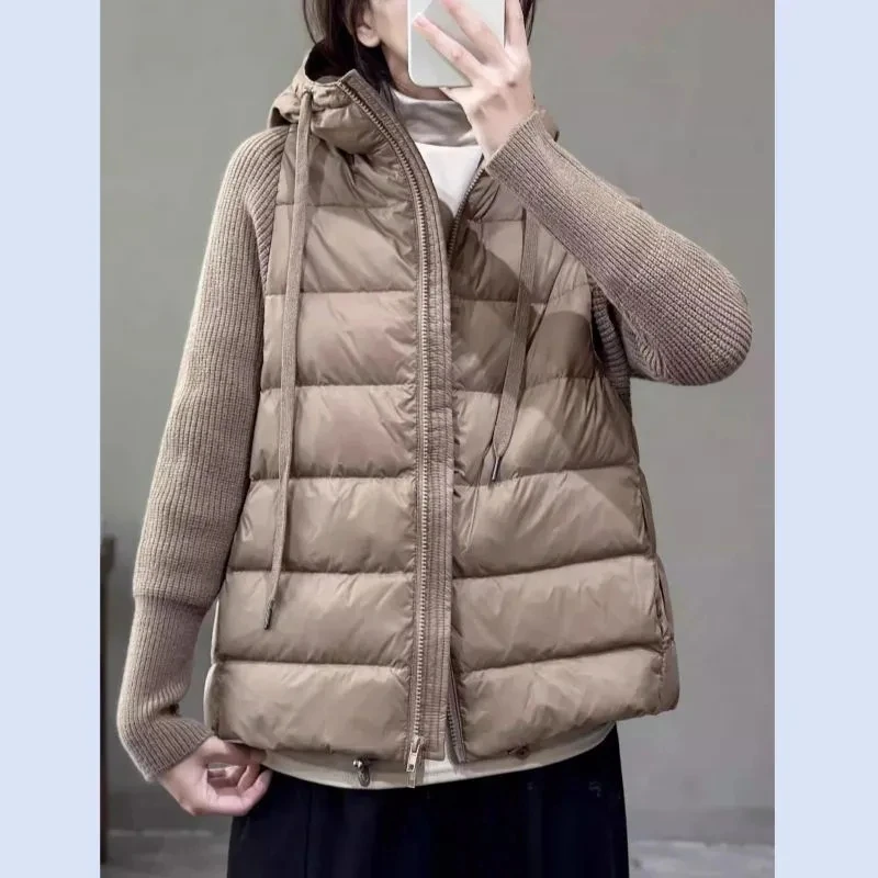 Autumn Winter Solid Color Hooded Cotton Coat 2025 New Casual Warm Knitting Cardigan Cotton Jacket Korean Fashion Women Outwear