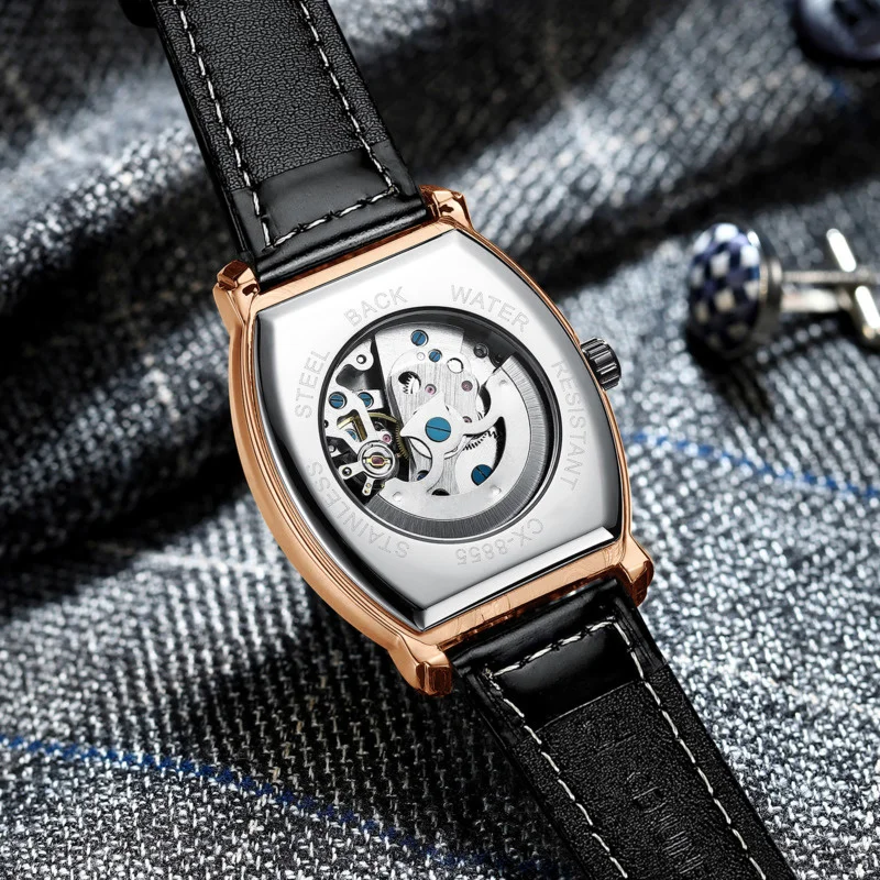 Mechanical Watch For Men Wine Bucket Dial Fully Automatic Mechanical Luminous Hollow Out Genuine Leather Strap Men Watch Reloj