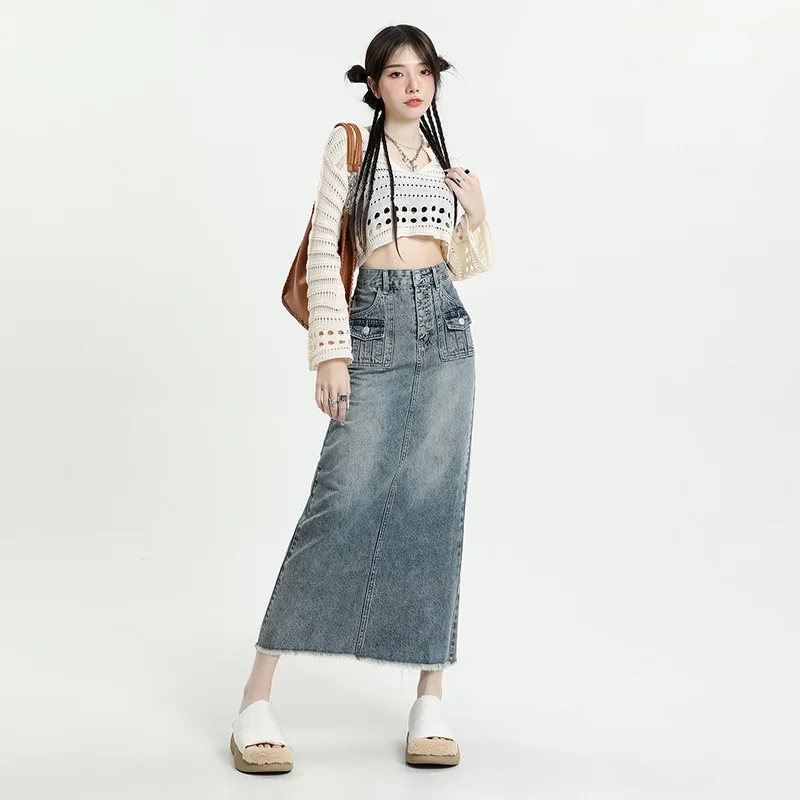 

Korean style Vintage Skirt High Waisted Denim Skirts Spring Summer New A Line midi skirt Loose Slim Long Skirts for Women SR6768