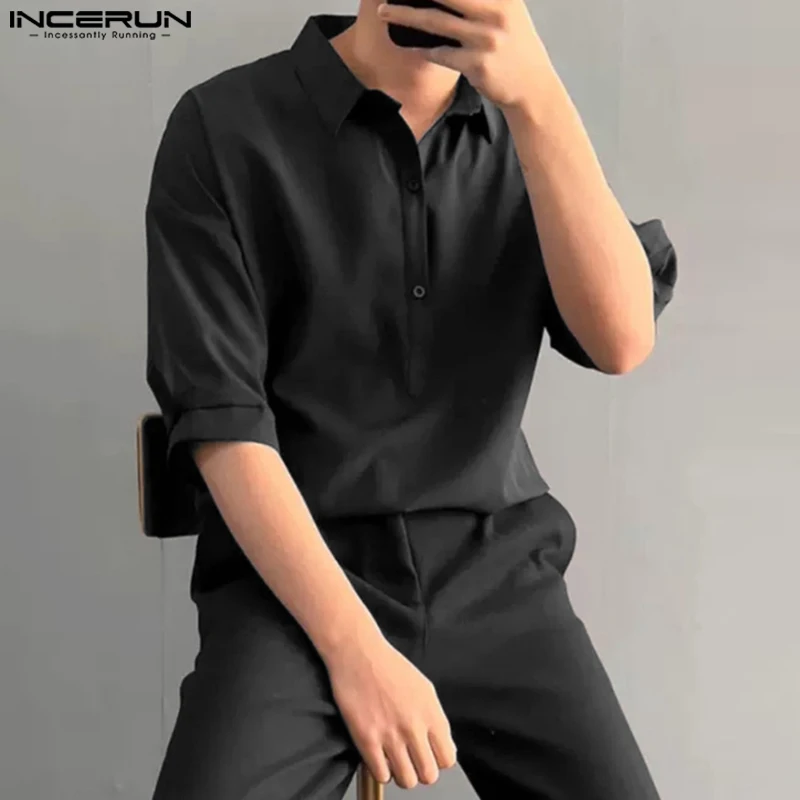

2023 Men Casual Shirt Solid Color Lapel Short Sleeve Korean Style Men Clothing Loose High Street Fashion Shirts S-5XL INCERUN