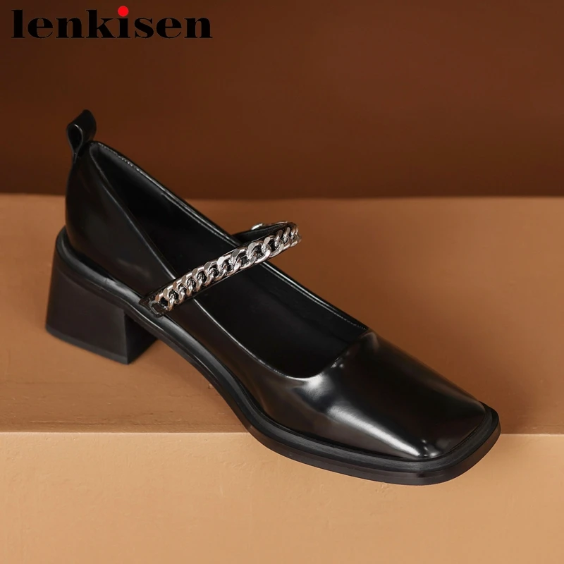 

Lenkisen Modern Cow Split Leather Summer Brand Shoes Med Heels Mature Dating Chains Slip on Grace Office Lady Brand Women Pumps