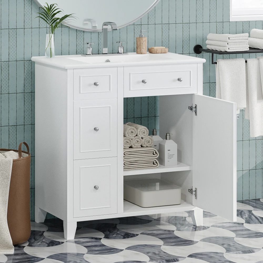 30-Inch Bathroom Vanity Cabinet with Ceramic Basin, Double-Layer Drawer, Deep Drawer and Adjustable Shelf 2