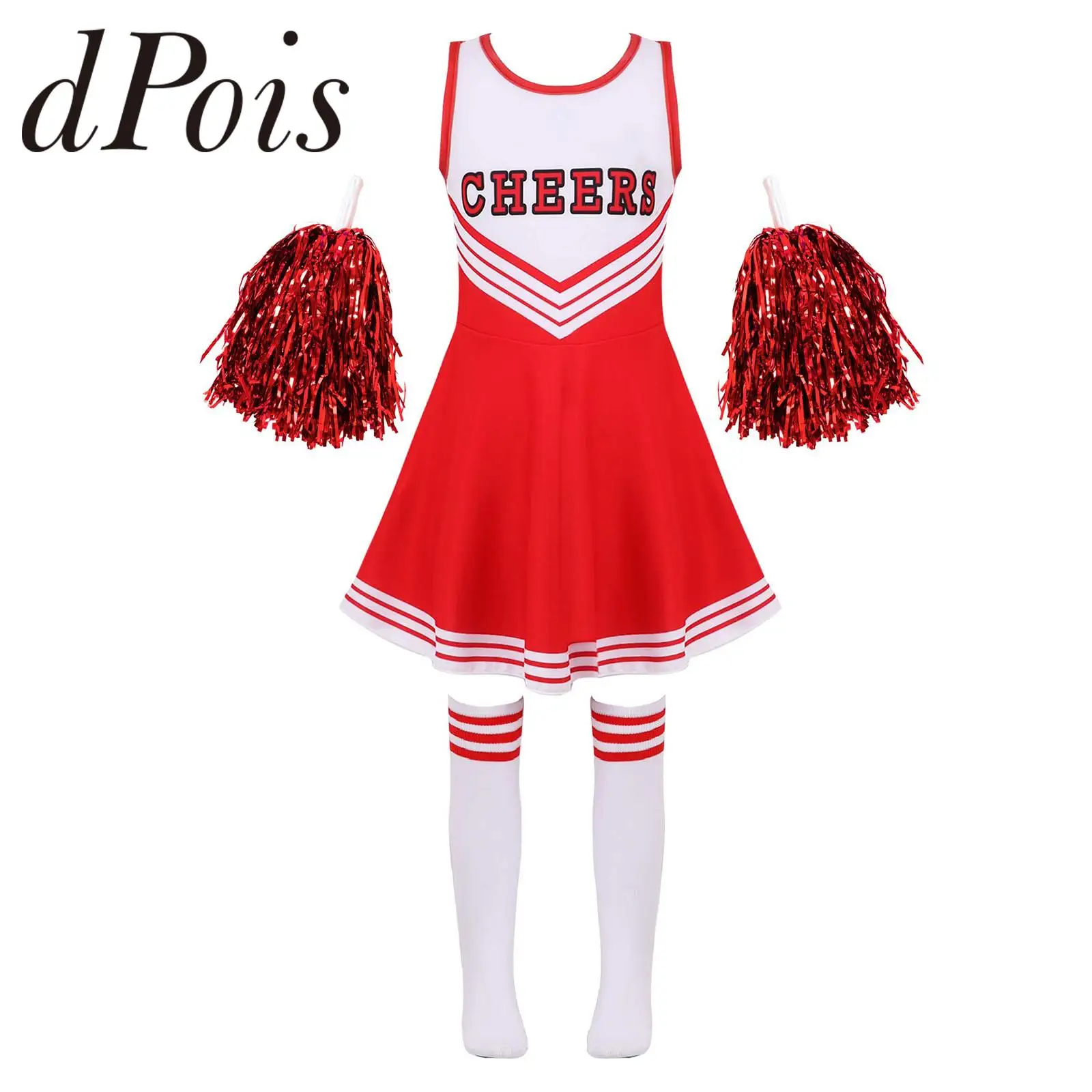 Kids Cheerleading Costume School Girls Cheerleader Uniforms Cheer Dance Outfits for Halloween Cosplay Dress with Socks Flower