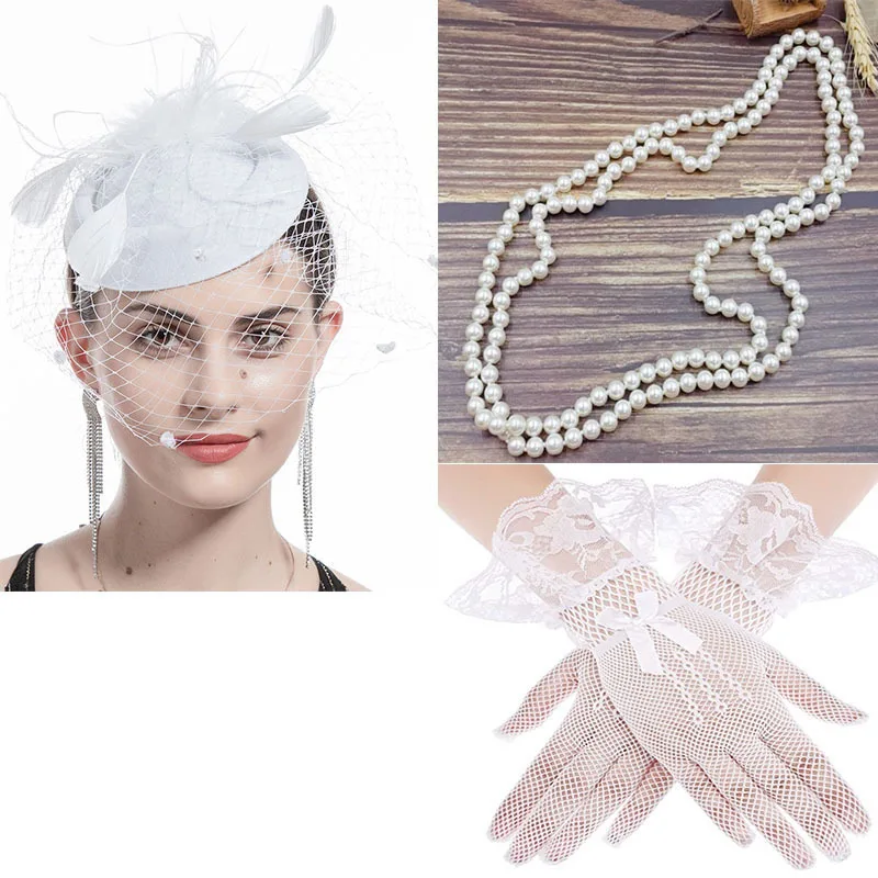 

Prom Mesh Topper Earrings Gloves Necklace 3/4Pcs Hair Accessories Set Stewardess Topper Hat Hairpin Headwear Hat Hairpin Veil