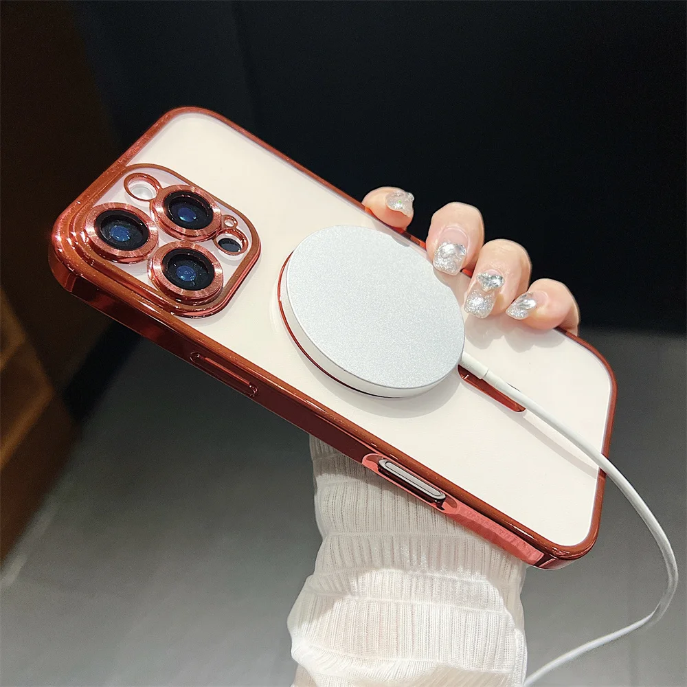 Pour étui transparent Magsafe pour iPhone 11 12 13 14 15 16 Pro Max Plus 12 13 Mini avec film d'objectif en verre, coque souple antichoc_voghion.com