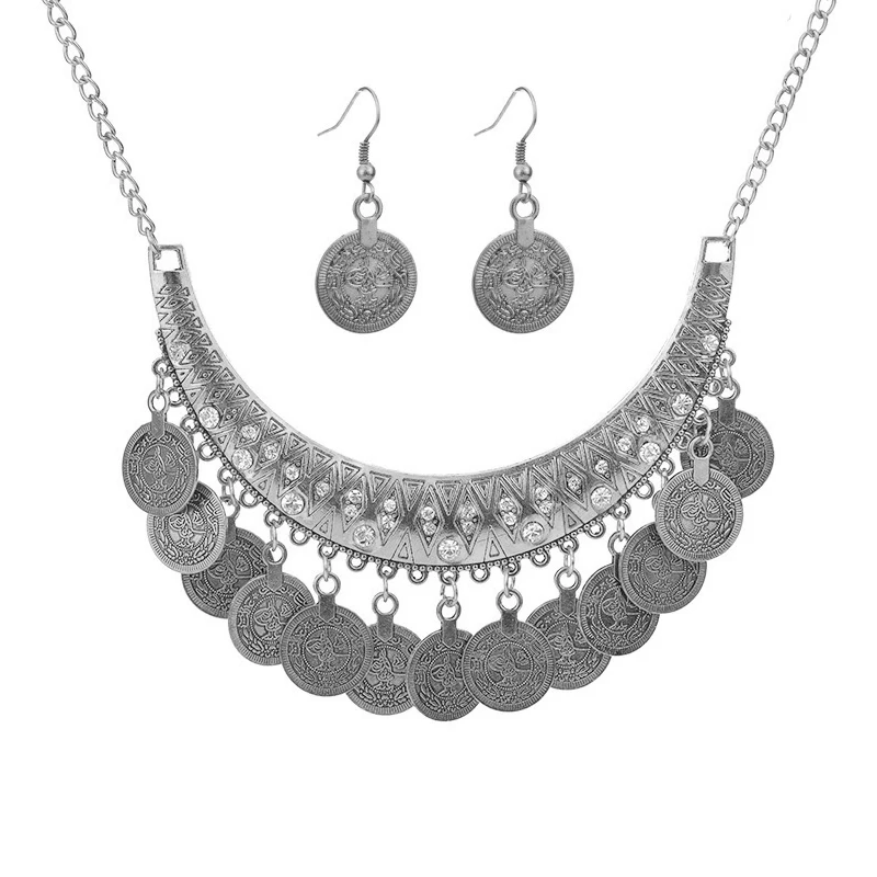 طقم قلادة عملات تراثية مع أقراط – ذهبي / فضي