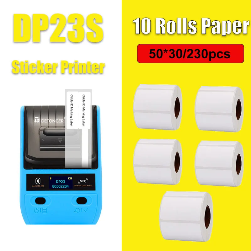 DETONGER DP23S 20-50mmThermal 라벨 프린터 플러스 10 롤 용지 다기능 미니 Adhensive 핸드 바코드 스티커 메이커